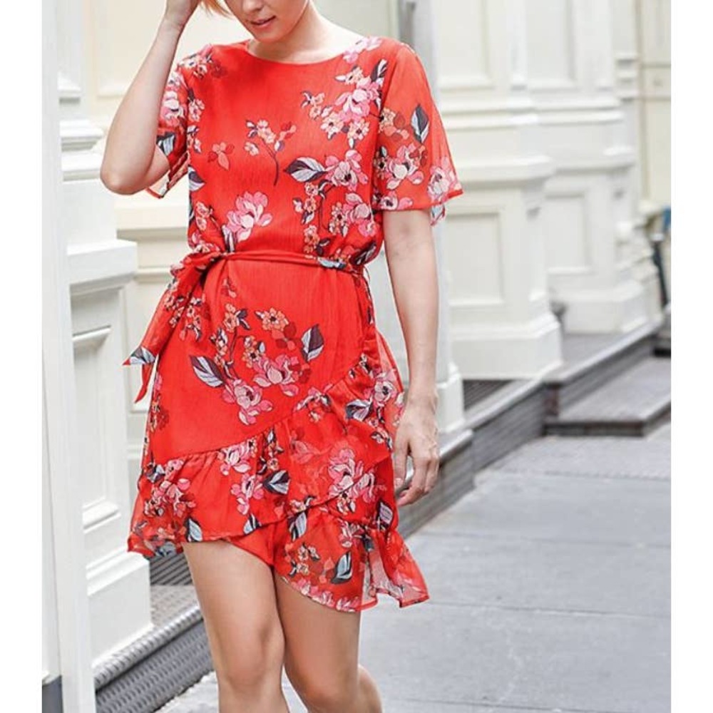 3/$15 A New Day Floral Print Short Sleeve Ruffle Wrap Dress in Red - Picture 3 of 14